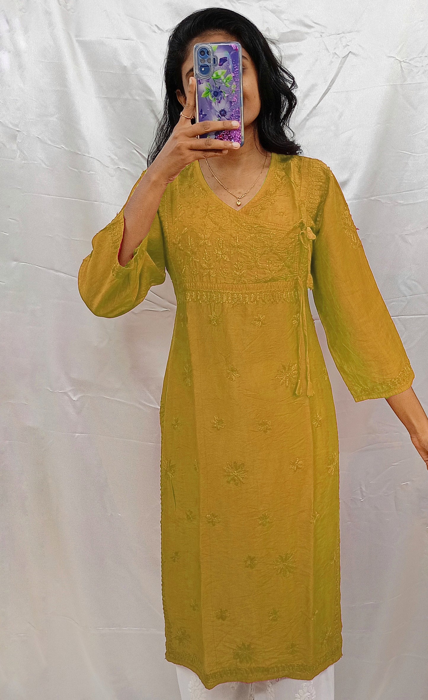 angrakha pattern kurti in chanderi silk material