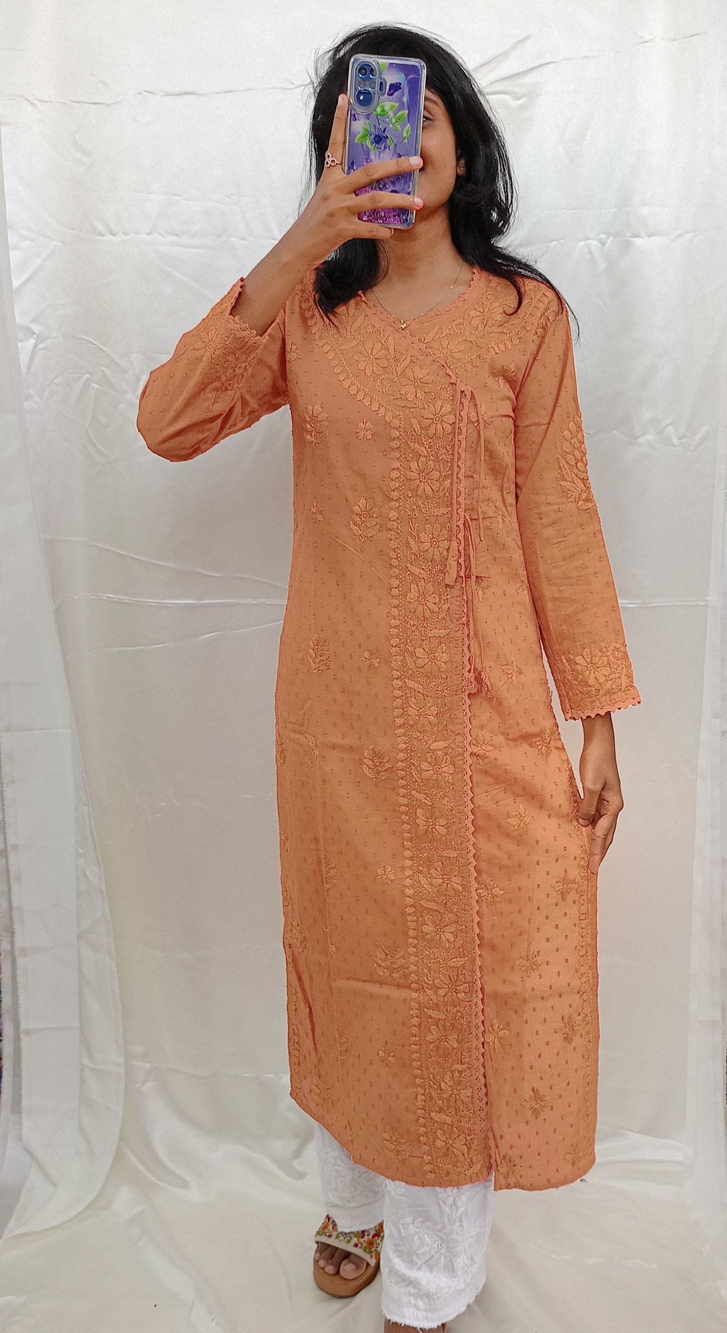 Angrakha Pattern Kurti In Mul Dobby Cotton Material