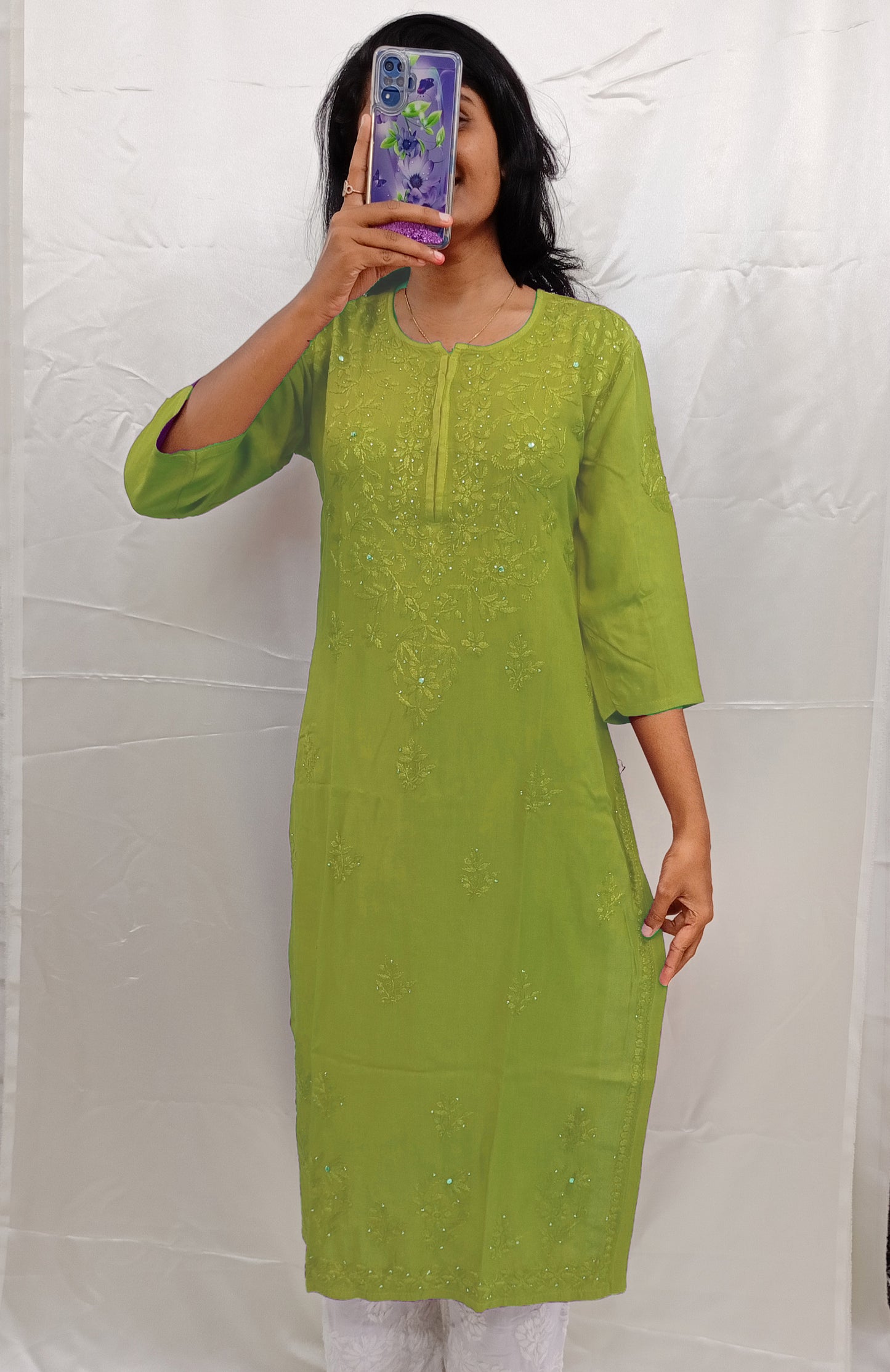 Rayon material mukesh work long kurti